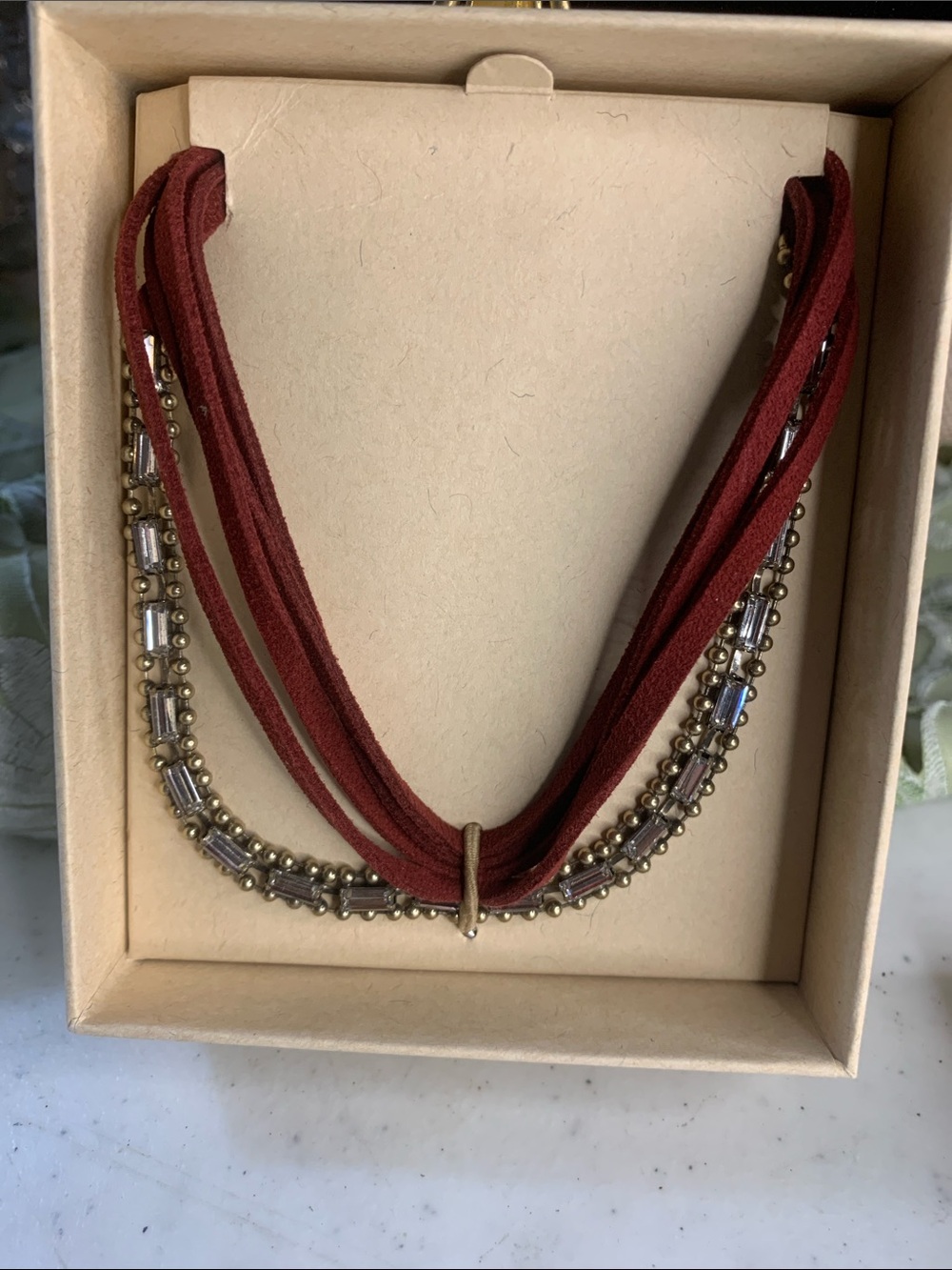 Choe+ Isabel Multi-Strand Burgundy Suede and Antique Gold Accent Necklace